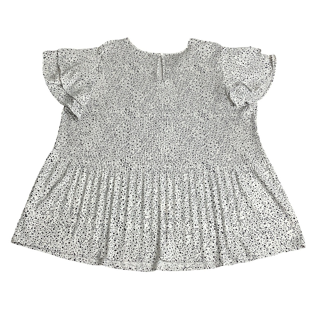 Adrianna Papell Blouse Women 1X White Polka Dot Ruffle Sleeve Smocked Top Plisse - Picture 2 of 12